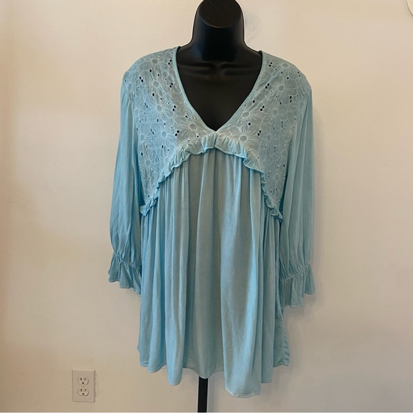 She + Sky Aqua Blue Peasant Ruffled Long Sleeve Mini Dress Size Medium - Picture 1 of 5